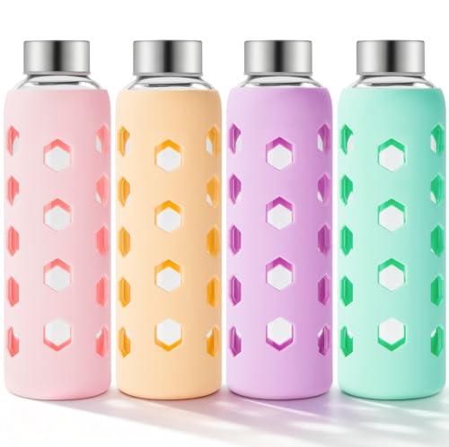 Mrsdry Glass Juice Bottles with Lids and Silicone Sleeves 18 oz, 4-Pack Reusable Clear Glass Water Bottles with Stainless Steel Airtight Cap for Juicing, Refrigerator, BPA Free Leak-Proof Drinking Jar