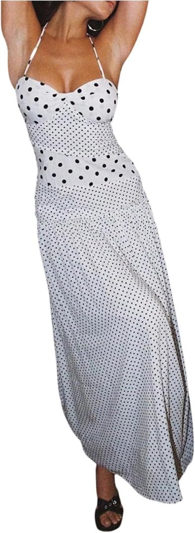 MakeMeChic Women's Polka Dots Halter Dress Tie Backless Summer Maxi Dresses (White, S)