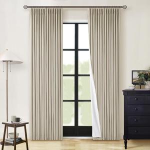 Neutral Pinch Pleated Linen Blackout Curtains 84 Inch Length 2 Panels Insulated Thermal Full Blackout Dual Layer Drapes for Bedroom Living Room Darkening Taupe Pinch Pleat Curtains with Hooks Rings (Burlywood Birch)