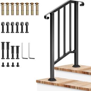 VIVOSUN Outdoor Handrail, 2 Step Stair Handrail, 26" x 36" Fits 1 to 2 Steps, Wrought Matte Iron Stair Railing with Curved Ends and Balusters for Concrete Steps, Porch Steps, One-step Assembly, Black