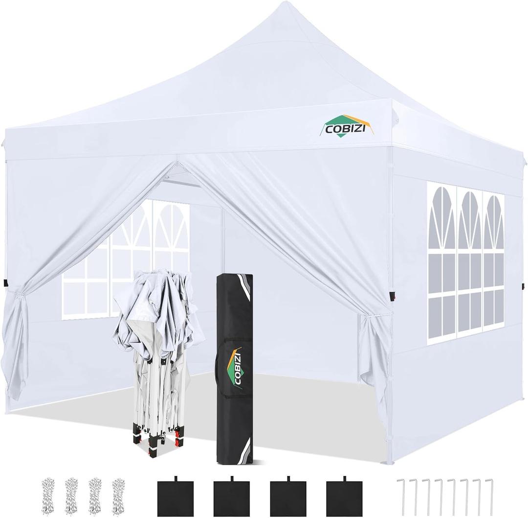 COBIZI 10x10ft Pop Up Canopy with 4 Removable Sidewalls, Easy Up Commercial Gazebos, Waterproof and UV50+ Gazebo with Portable Bag, Adjustable Leg Heights, Tents for Parties, with 4 sandbags (White)