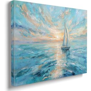 Blue And White Sailboat Nautical Ocean Picture Wall Decor Framed Nature Sunset Abstract Canvas Wall Art Contemporary Cool Prints Poster Sea Scene Painting for Living Room Bedroom Bathroom (16"x24")