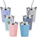 Kids Cups with Straws and Lids Leak Proof, 12oz Sippy Cups for Toddlers 1-3, Spill Proof Cup Stainless Steel Kids Cups with Lids for Home School, Outdoor, 6 Pack (Blue,Green,Gray,Dark Gray,Pink,Purple)