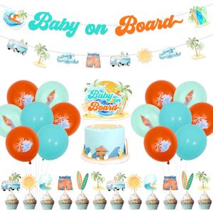 kreat4joy Surf Baby Shower Decorations, Baby On Board Baby Shower Decorations Banner Garland Cake Cupcake Toppers, Surfboard Orange Blue Balloons for Surf Summer Beach Boy Girl Baby Shower