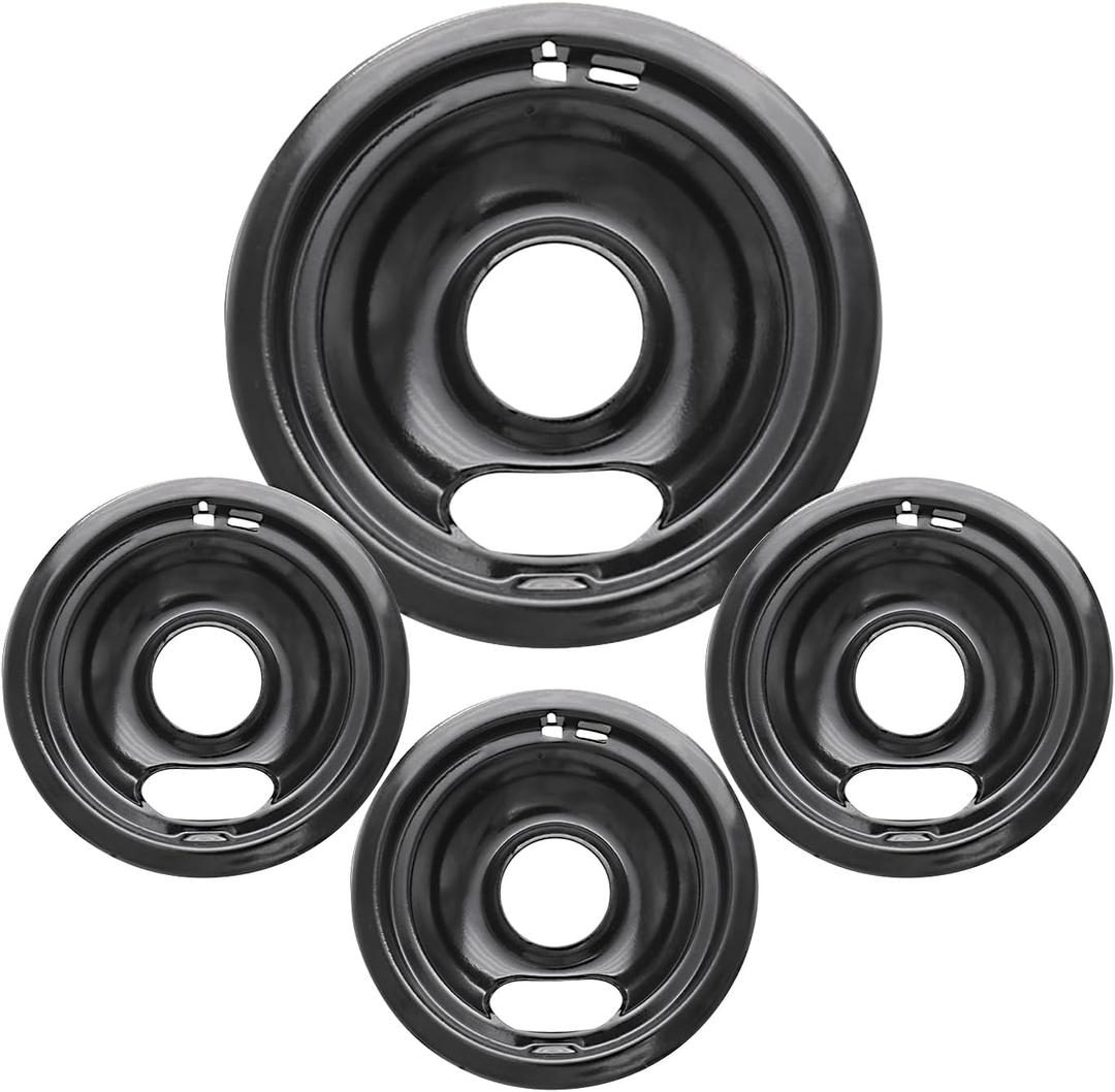 4 Pack Black Drip Pans, Compatible with Whirpool Kenmore Frigirate Stove Top Drip Bowls. Include 3 Pcs 6'' Range Replacement Drip Pans and 1 Pcs 8 '' Cooktop Drip Pans