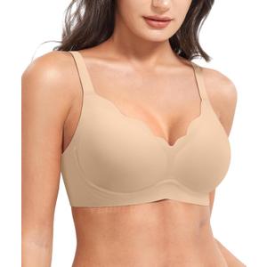 YEOREO Ease Womens Wireless Bras Push Up Full Coverage Bra No Underwire Seamless Comfortable Scalloped Supportive Bralette (Beige, L)
