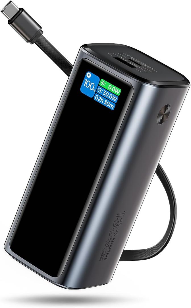 Laptop Power Bank, 130W Portable Charger with Dual Ports & Built-in Retractable Cable, 20000mAh Portable Power Bank with Smart Digital Display, for iPhone 17/16/15 Pro/Pro Max Series, MacBook, Android (black 20000w)