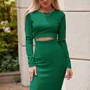 PRETTYGARDEN Women's Long Sleeve Midi Bodycon Dresses Casual Crewneck Cut Out Ribbed Knit Fitted Pencil Dress (Green, L)