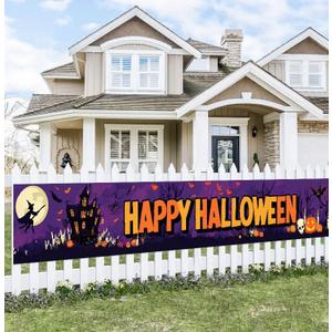 Happy Halloween Banner Halloween Decorations Outdoor Yard Banner Purple Moon Scene Witch Pumpkin Ghost Skull Bat Backdrop 118x20 Inch for Fence Garden Porch Party Wall Decor