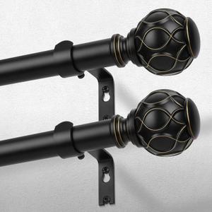 2 Pack Black Curtain Rod, Heavy Duty 1 Inch Decorative Curtain Rods for Windows 48 to 84 Inch, Single-Side Adjustable Vintage Rustic Matte Black Drapery Pole Set with Netted Texture Finials