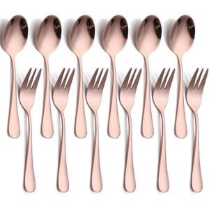 2 x 12 PCS Spoon and Fork Flatware Set, Rose Gold Silverware Cutlery Set, Stainless Steel Tableware 6 Forks (5.35 inch), 6 Spoons(5.25 inch) for Kitchen and Restaurant Mirror Polished