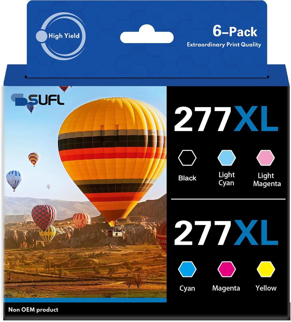 High Yield 277XL Ink Cartridges Combo Pack (6-Pack, 1BK 1C 1M 1Y 1LC 1LM) - SFL Compatible Replacement for 277XL 277 T277 Ink Cartridge with XP-850 XP-860 XP-950 XP-960 XP-970 Printer