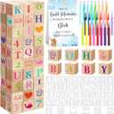 147 Pcs Baby Shower Blocks Games Sets, 80 DIY Blank Wooden Block 42 Stencils 24 Watercolor Marker 1 Decorate a Block Game Sign for Gender Reveal Baby Shower Party Supplies(Bear)
