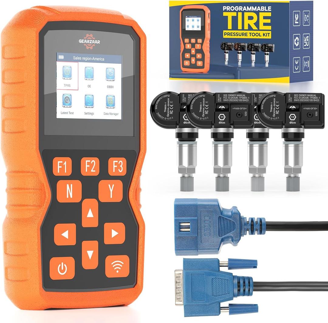 TPMS Programming Tool, Tire Pressure Monitor System Relearn Tool Set with 4 Pack 315MHZ+433MHZ Metal Programmable Sensor, Original Sensor ID Cloning, Reset/Activate/Relearn Sensors XTP-SP820