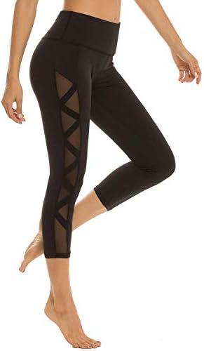 romansong Women's Mesh Leggings Yoga Pants with Pocket, Non See-Through Capri High Waisted Tummy Control 4 Way Stretch, Small, Black 