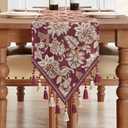 Loom and Mill Vintage Jacquard Table Runner 90 inches Long, Elegant Floral Pattern Dining Table Runners with Tassels, Great for Table Setting Kitchen Dresser Party Holiday Decor(Burgundy, 13x90in) (13 x 90 inch)