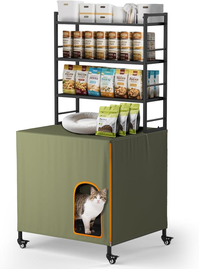 Lekereise Large Hidden Litter Box Furniture, Cat Litter Box Enclosure with Removable Waterproof Cover, Kitty Litter Box Furniture with 3-Tier Adjustable Shelves Storage and Wheels (70.87H, Green)
