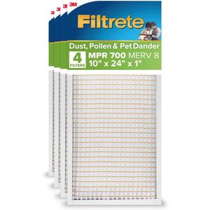 Filtrete 10x24x1 AC Furnace Air Filter, MPR 700, MERV 8, Tough on Pollen, Easy on Airflow, 3-Month Pleated 1-Inch Electrostatic Air Cleaning Filter, 4-Pack (Actual Size 9.81 x 23.69 x 0.81 in)