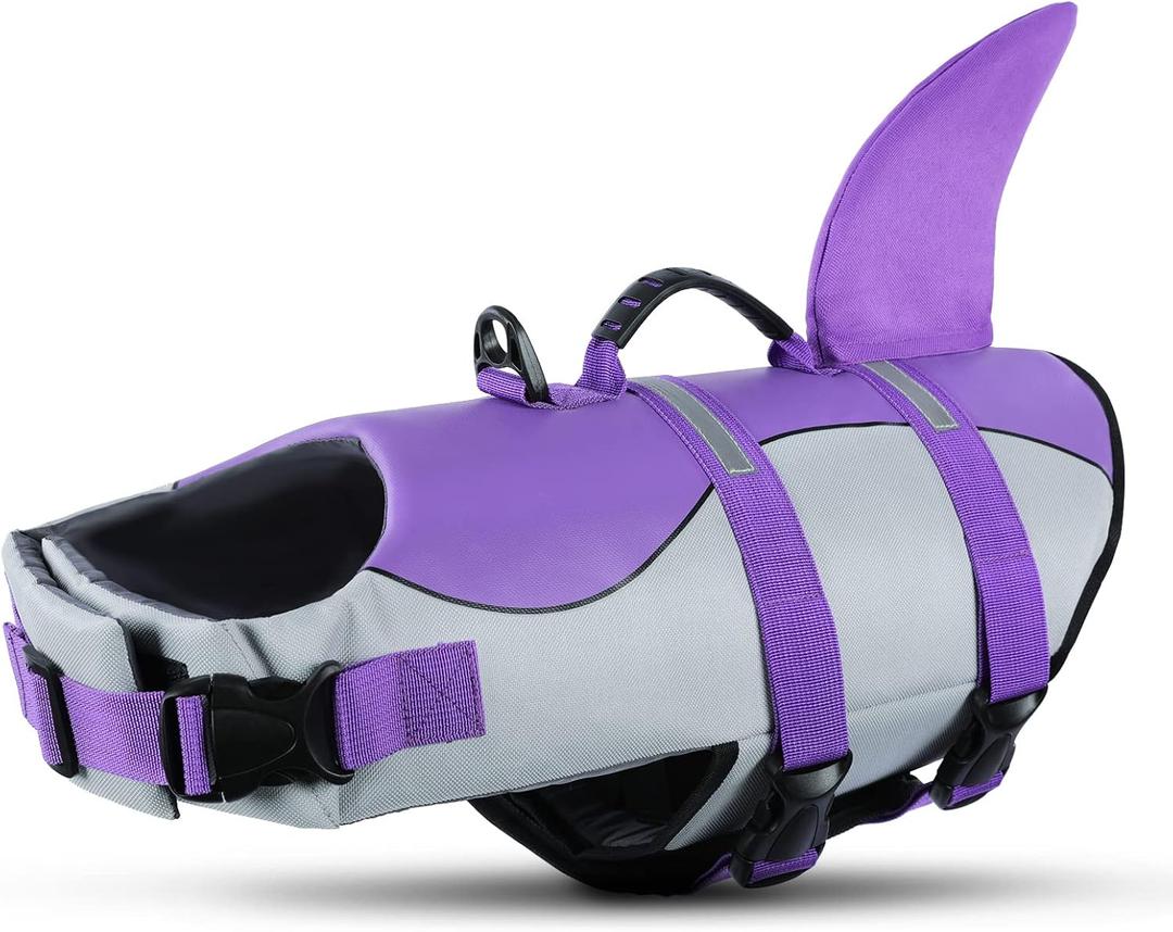 Queenmore Dog Life Jacket with Rescue Handle - Adjustable Reflective Dog Shark Life Vest for Large Dogs, Purple, L