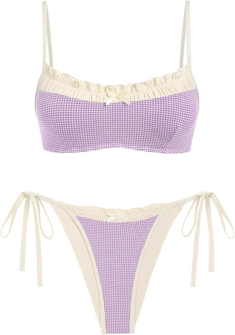 ZAFUL Women Bikini String Swimsuit Plaid Ruffles Trim Ruched Bathing Suit Cheeky Thong Bikini Sets 2026 Purple Plaid M (M)