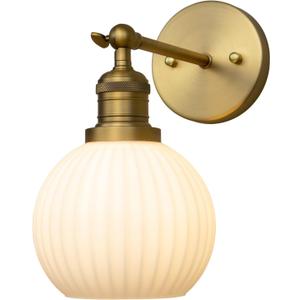 PERMO Vintage Wall Sconce Bedroom Sconce Globe Vanity Wall Light Milk White Glass Shade Wall Light Lamp Fixture (Antique Gold) (Heardwired)