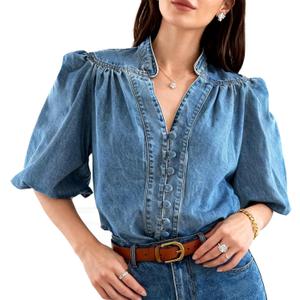 Women's Vintage Denim Shirt, V Neck 3/4 Lantern Sleeve Blouse, Casual Button Down Jean Top (M)