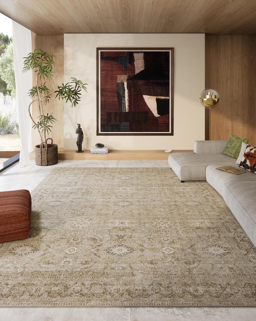 8x10 Area Rugs for Living Room: Washable Rug Stain Resistant Non Slip Low Pile Faux Wool Soft Large Area Rug for Bedroom Kitchen Farmhouse Dining Room Under Table Nursery Home Office Indoor (Brown and Beige)