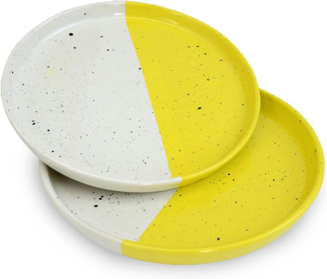 roro Handmade Ceramic Appetizer Plates Set of 2-7 inch Speckled White & Lemon Yellow Plates- Ideal for Tapas, Sushi, Citrus Desserts - Lead-Free, Cadmium-Free - Microwave & Dishwasher Safe