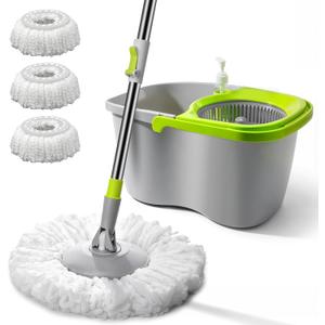 MASTERTOP Small Mop and Bucket with Wringer Set, Spin Mop Cleaning System with 3 Mop Pads,Spinning Mop Bucket for Floor Cleaning, 50.4" Extended Handle (Gray + Green)