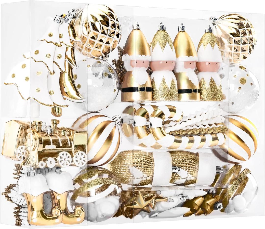Alupssuc 95pcs Christmas Balls Ornaments Set, Shatterproof Plastic Baubles, Soldiers, Christmas Socks for Xmas Tree Holiday Wedding Party Decorations with Hanging Strings, Gold and White