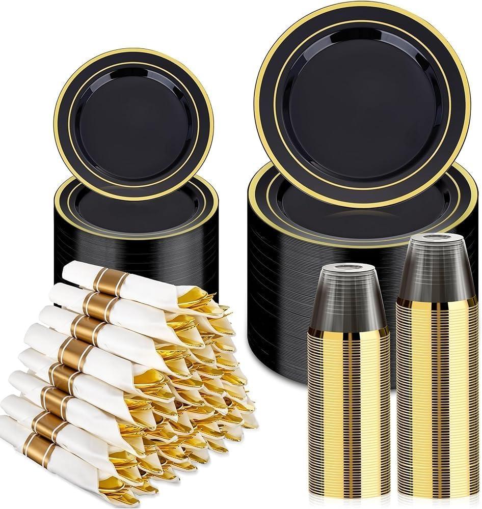 BESTVIP 350PCS Black Gold Dinnerware Set for 50 Guests, Plastic Plates for Halloween Party and Christmas, 50 Disposable Plates, 50 Dessert Plates, 50 Cups, 50 Spoons, 50 Forks and 100 Knives