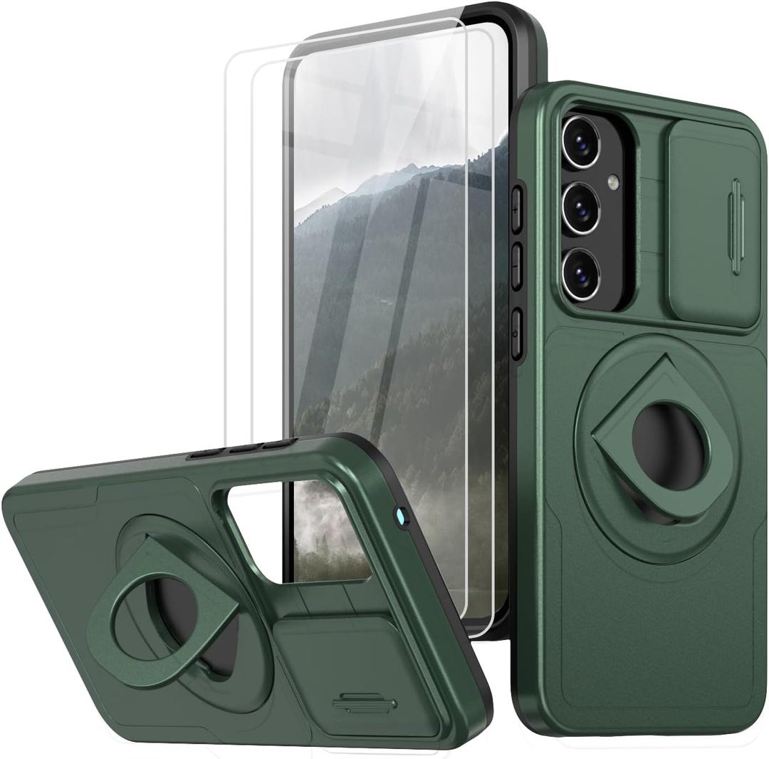for Samsung Galaxy A35 5G Phone Case Built in Slide Camera Lens Cover with 2X Tempered Glass Screen Protector,Heavy-Duty [Military Grade] Shockproof Magnetic Phone Case (C Deep Green)