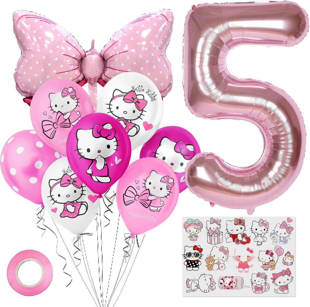 Cute Cartoon Birthday Decoration Party Supplies, Including Pink Thematic Numbers 5 Foil Balloons, Cute Latex Balloons, Cartoon Sticker