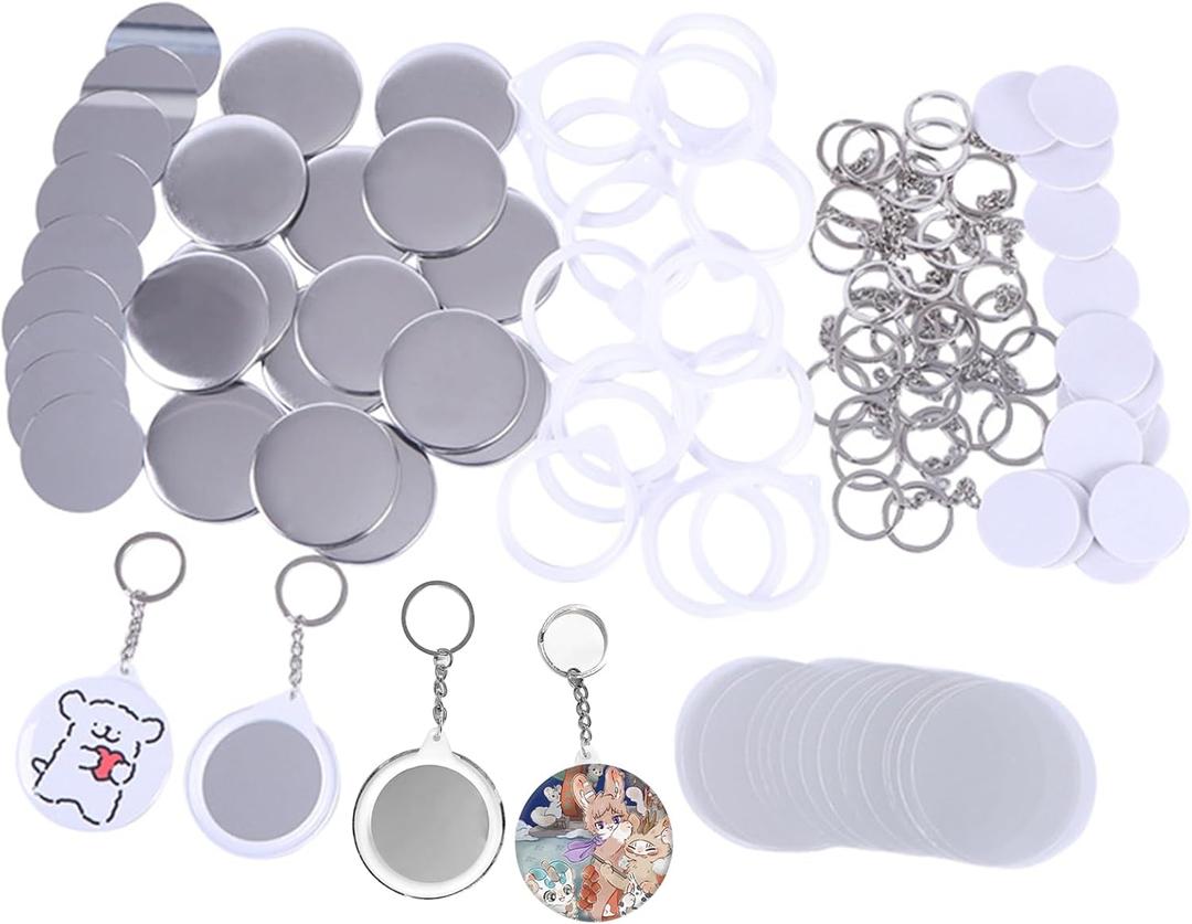25 Sets Button Badge Maker Double-Sided Keychain, 2.28 Inch (58 mm) Tinplate Badge with Metal Cover, Mirror, Plastic Base and Keychain, Supplies for Button Making Machine
