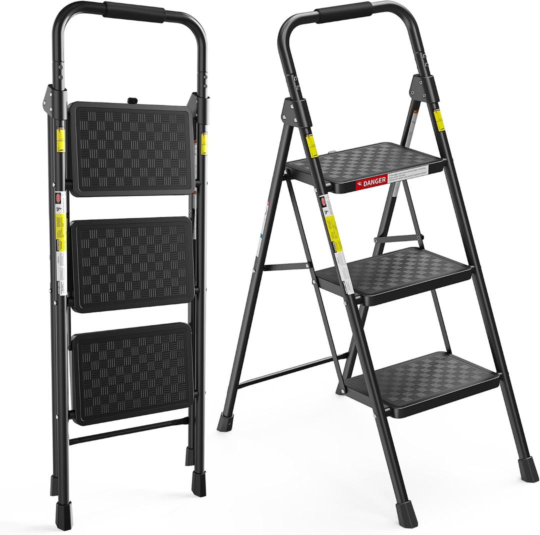 HBTower 3 Step Ladder, Heavy Duty Step Stools for Adults | Step Stool Foldable with Anti-Slip Pedal and Feet, Ladders for Home Kitchen Garage Outdoor, 330 Lbs, Black