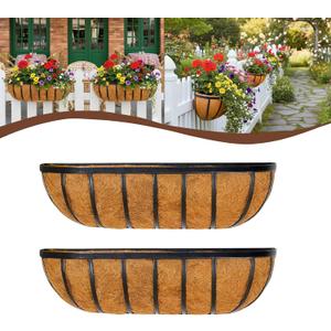 2 Pcs 24 Railing Planter Window Box Deck Railing Planter Boxes with Coco Liner English Horse Trough Planters Metal Wall-Mounted Planters Basket for Outdoor Balcony Porch Fence Patio Rail