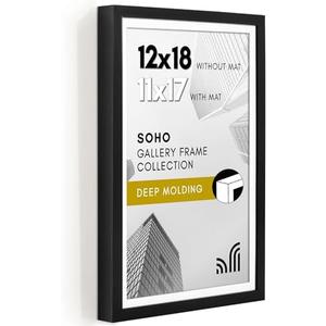Americanflat 12x18 Poster Frame with Polished Plexiglass - Use as 11x17 Frame with Mat or Display 12x18 Photo Without Mat - Soho Collection - Deep Molding Picture Frames for Wall Display - Black