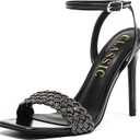 Women's Stiletto Heels, Crystal High Heels Rhinestone Silver Sandals Open Square Toe Ankle Strap Heels Strappy Dress Shoes for Party Wedding Bridal