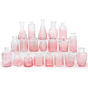 Pink Glass Bud Vases Set of 20 - Mini Vintage Vases for Wedding Decorations Home Table Flower Decor, Small Carved Design Glass for Centerpieces