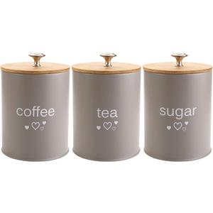 Fasmov Set of 3 Kitchen Canister Set, Coffee, Sugar, and Tea Storage Container Jars with Bamboo Lids for storing Sugar, Coffee and Tea, Gray