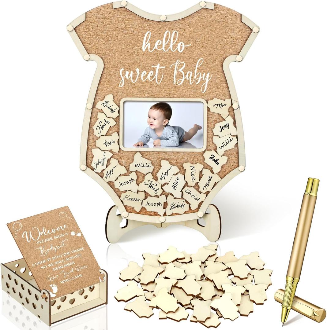 Wenqik 63 Pcs Baby Shower Guest Book Alternatives Set Baby Shower Decorations with Photo Frame Sonogram Frame Keepsake 60 Wood Slices Guest Book for Birthday(Bodysuit)