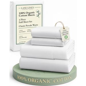 LANE LINEN 100% Organic Mercerized Cotton Pre Washed Full Size Bed Sheets, Soft & Comfy Low Pill Fade Resistance Fully Elasticized Oeko Tex Certified 15" Deep Pocket Full Sheet Set - White (01: Pure White)