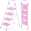 KINGRACK 4 Step Ladder, 900lbs Sturdy Step Stool with Handrail, Anti-Slip Wide Pedals, Foldable Stepladder for Home, Garage, Garden, Household, Pink, Pass 900LBS Testing, Pink