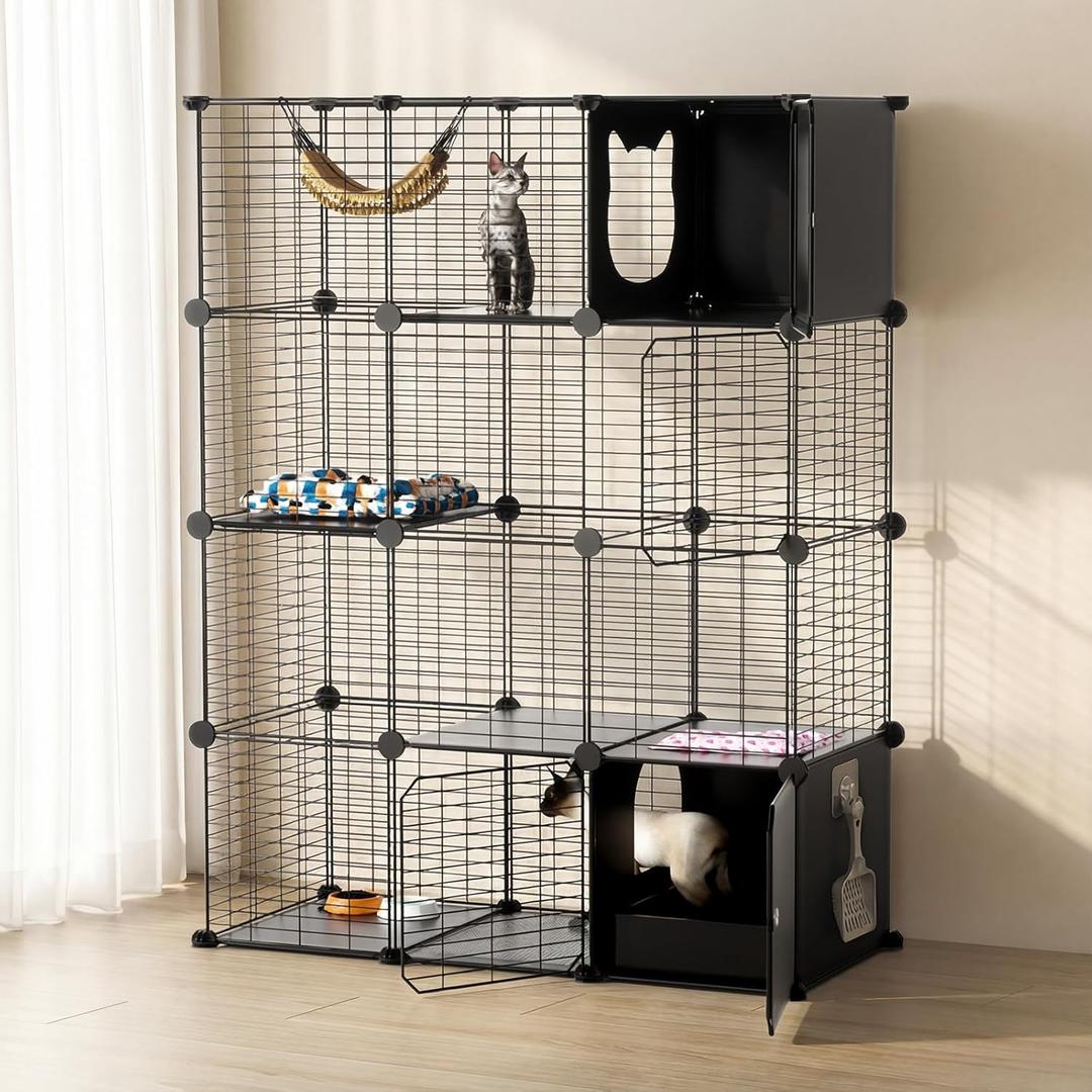 Cat Enclosure Indoor with Litter Box, 4-Tier Metal Wire Cat Cage, DIY Detachable Design for Cats, Kittens & Small Animals, Multi-Level Kennel