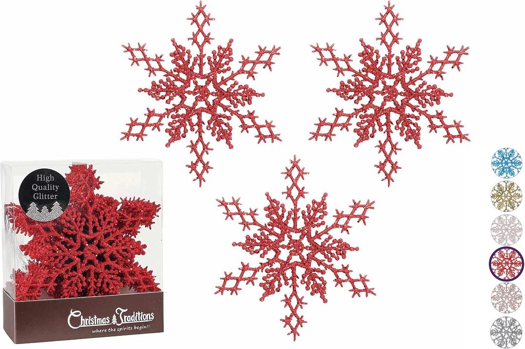 Christmas Traditions 6 inch Red Snowflake Ornaments (Set of 18) Glittered Hanging Tree Decorations (Red)