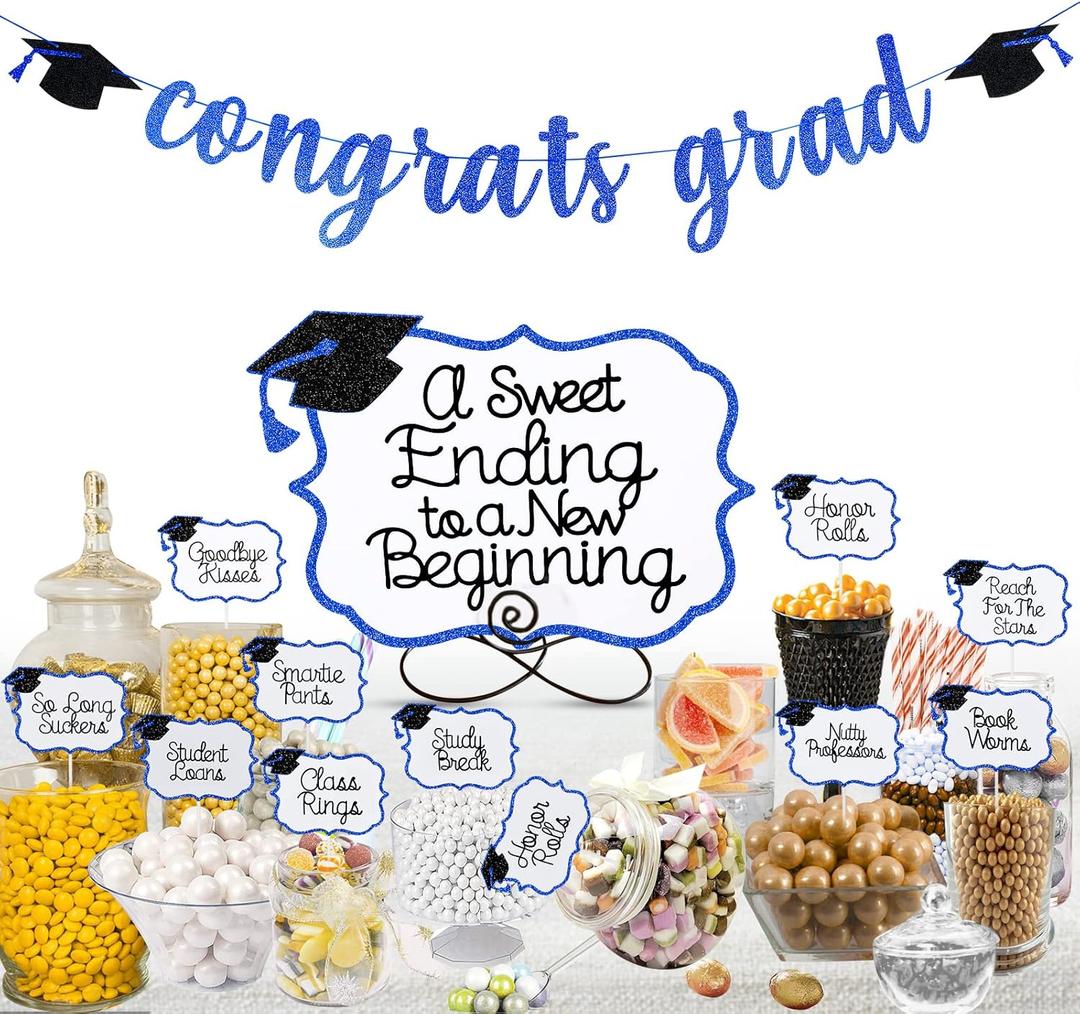 3 x Blue 2026 Graduation Candy Bar Signs Graduation Table Candy Buffet Labels for 2026 Graduation Dessert Food Label Table Party Decorations Blue