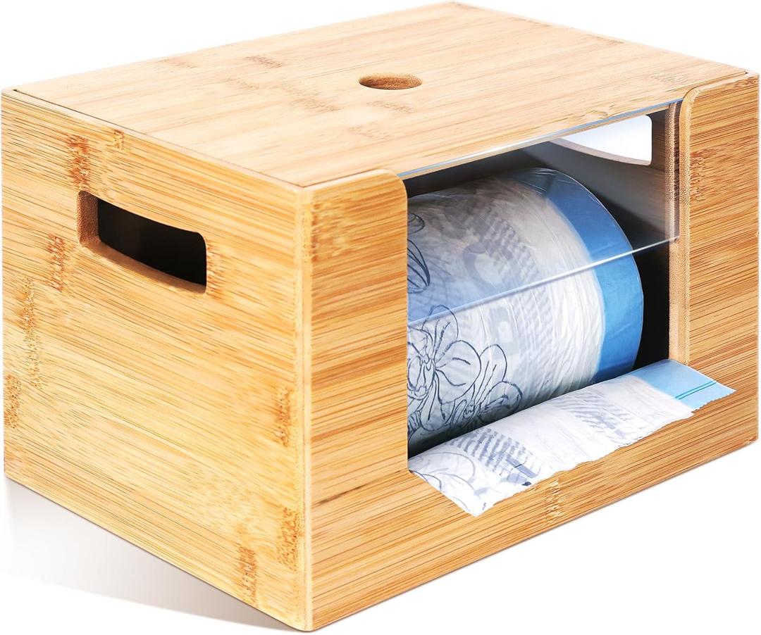 Extra Large Trash Bag Holder, Bamboo Wooden Trash Bag Dispenser with Lid, Stackable Storage for Kitchen/Laundry Room/Under Sink Organization