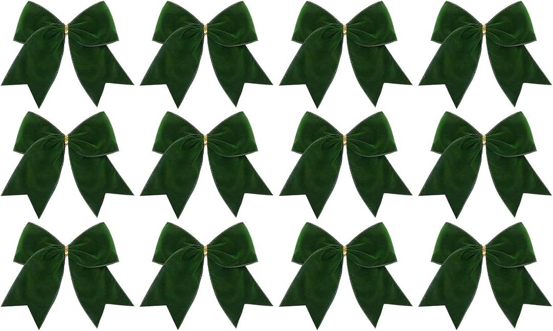 Velvet Christmas Bows - Christmas Tree Bows, Wrapping Wreath Bow, 12 Pieces Tree Garland Ornaments, 6-Inch Vintage Holiday Pendants for DIY Crafts Wedding Wreath Making Party Candy Bag Home (Green)