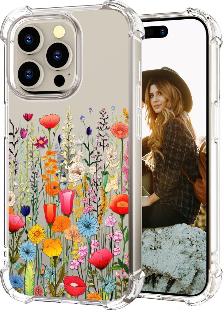 Hungo Compatible for iPhone 15 Pro Max Case for Women Clear Design Cute,Girly Girls Promax Colorful Bright Flowers Florals Field Seamless Summer Meadow Botanical