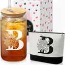 Custom Glass Cup & Makeup Bag Set - Personalized Gifts for Women, Initial 16 oz Glass Tumbler with Lid & Straw, Monogram Makeup Bag - Birthday Gifts For Women, Mother's Day Presents(B)